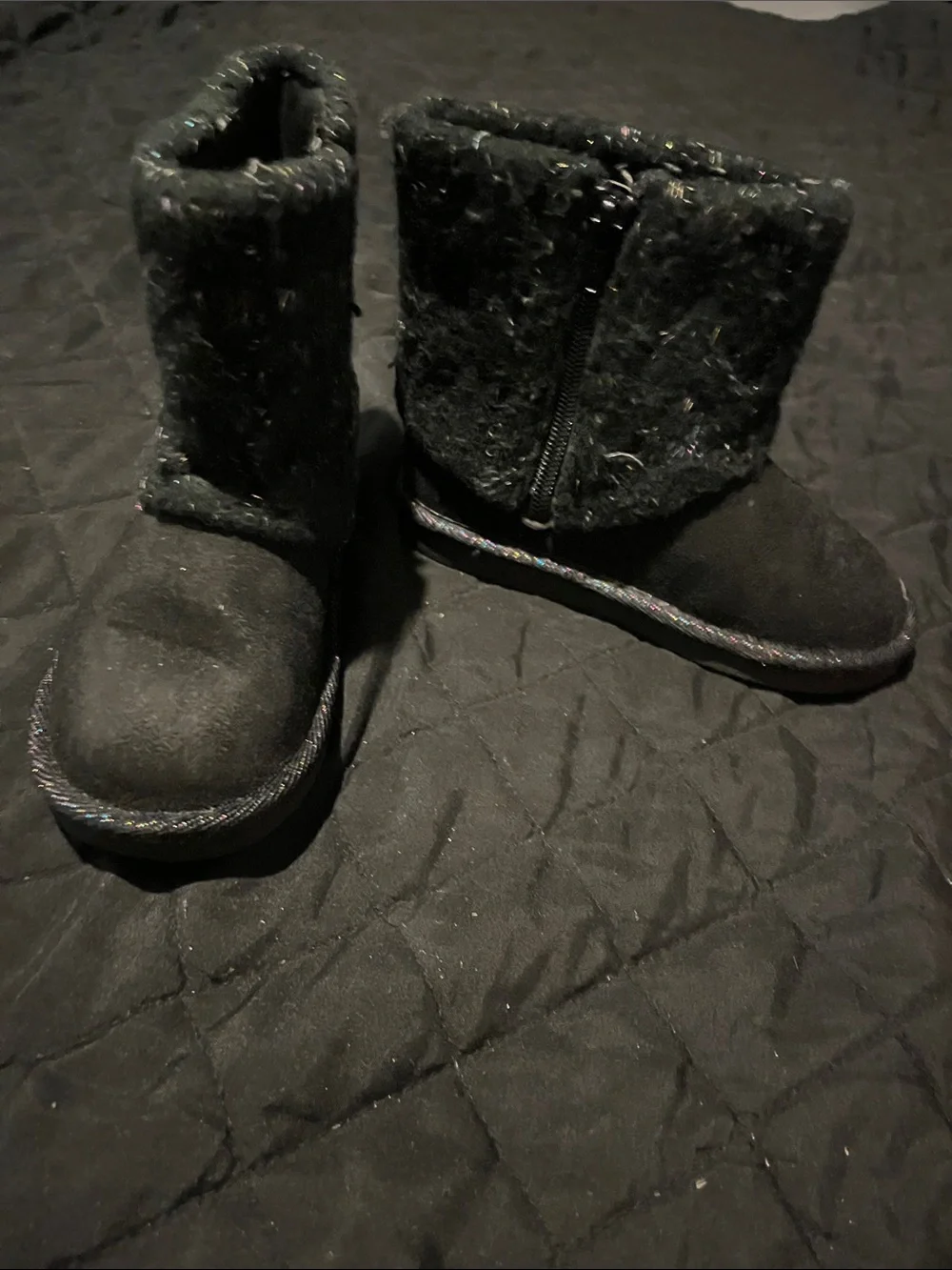 Kids Black Sparkle Faux-Fur Winter Boots